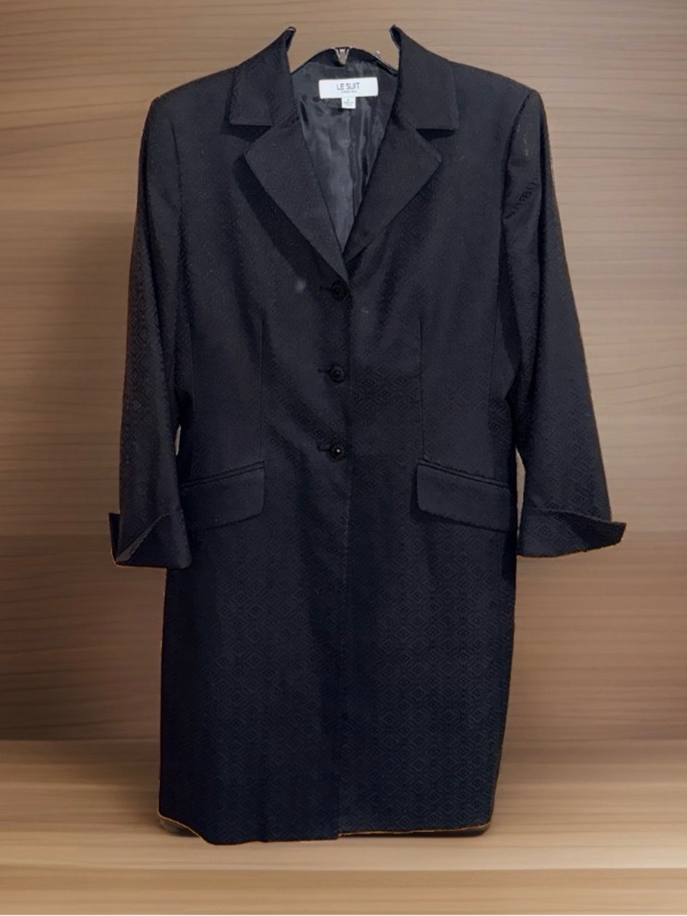 Le Suit Essentials Black Jacquadd Long Trench Coat w/Notched Lapel-6-EC